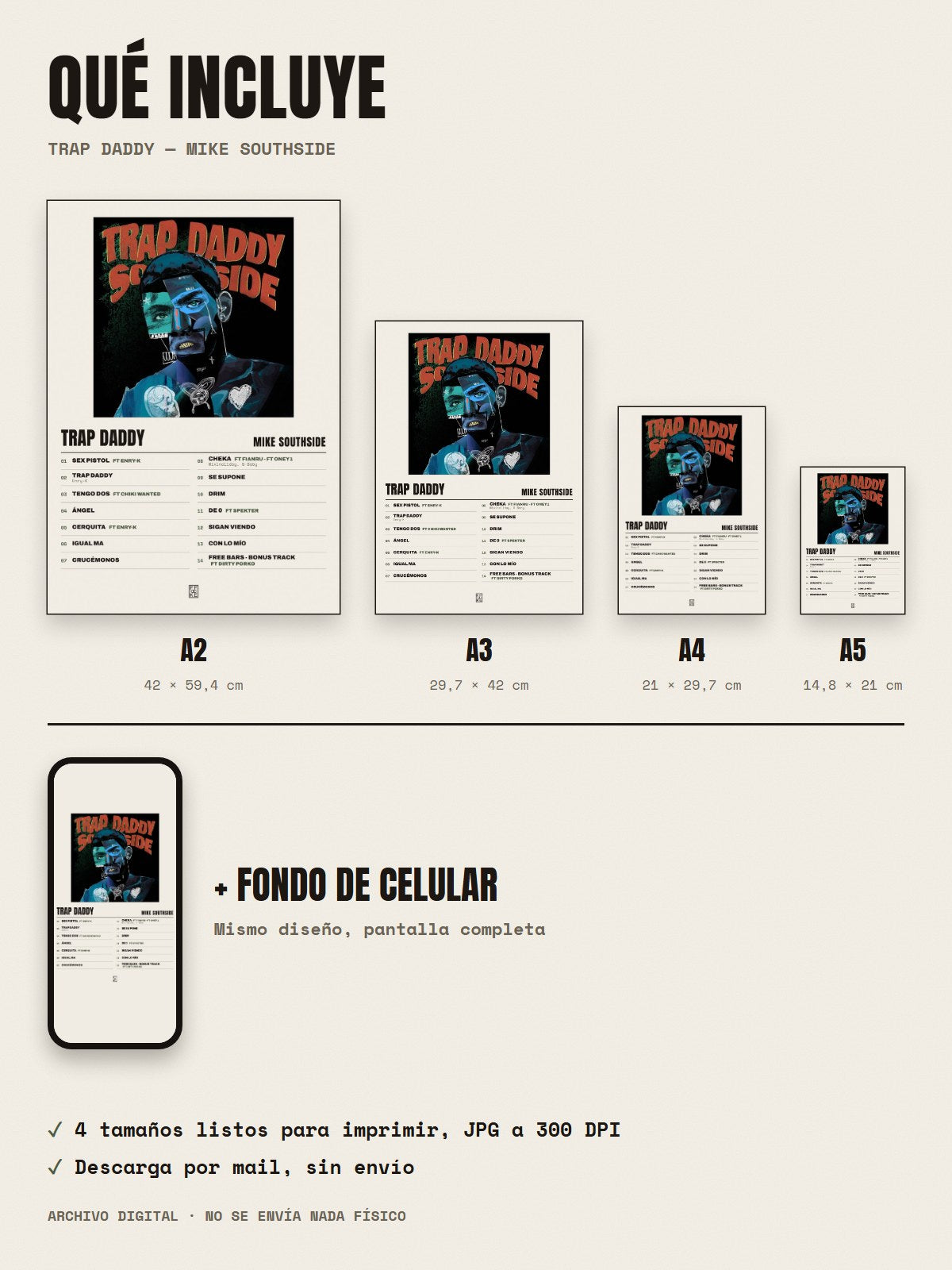 Qué incluye el póster de TRAP DADDY de Mike Southside: A2, A3, A4, A5 y fondo de celular