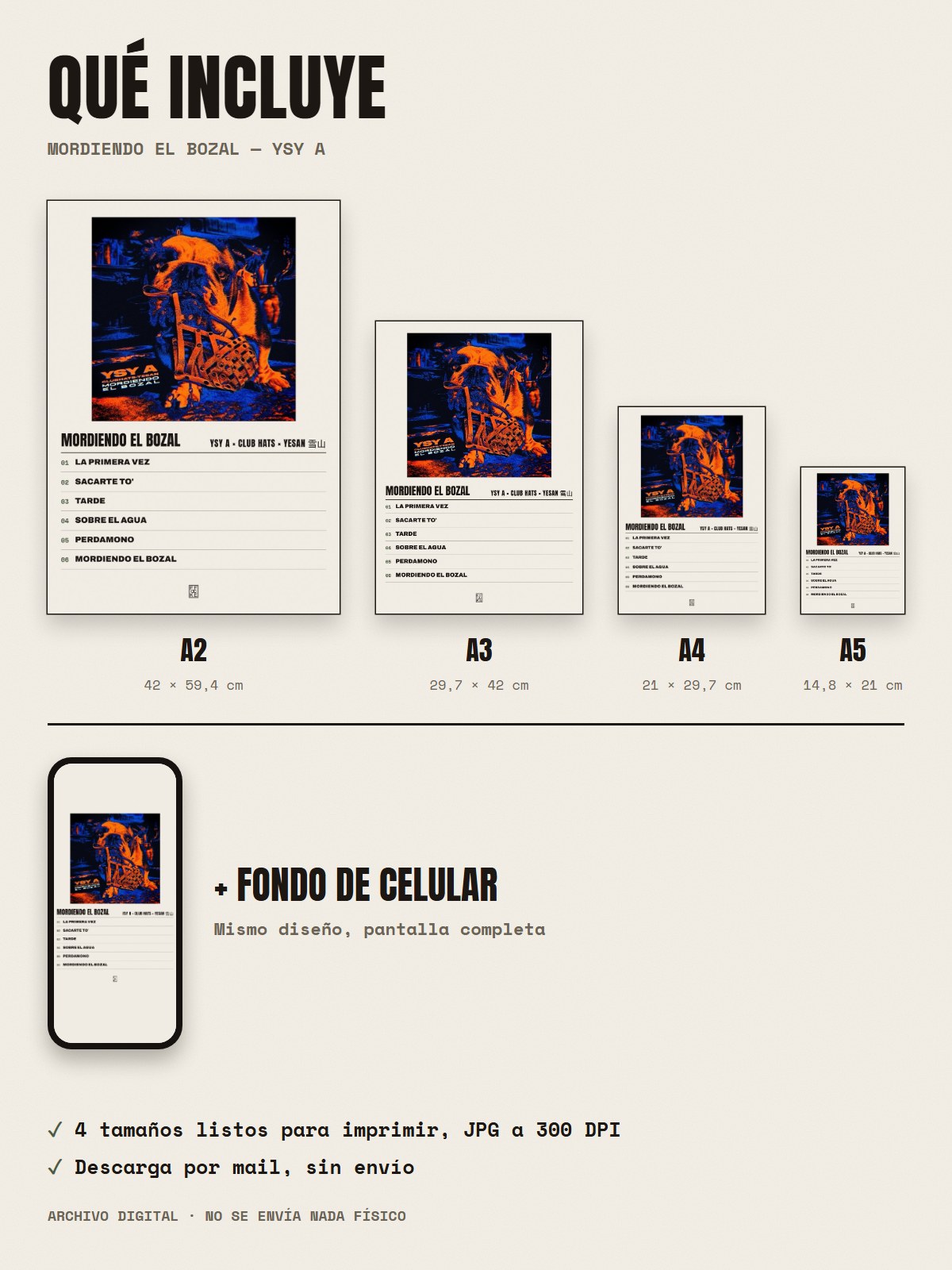 Qué incluye el póster de MORDIENDO EL BOZAL de YSY A × CLUB HATS × Yesan 雪山: A2, A3, A4, A5 y fondo de celular