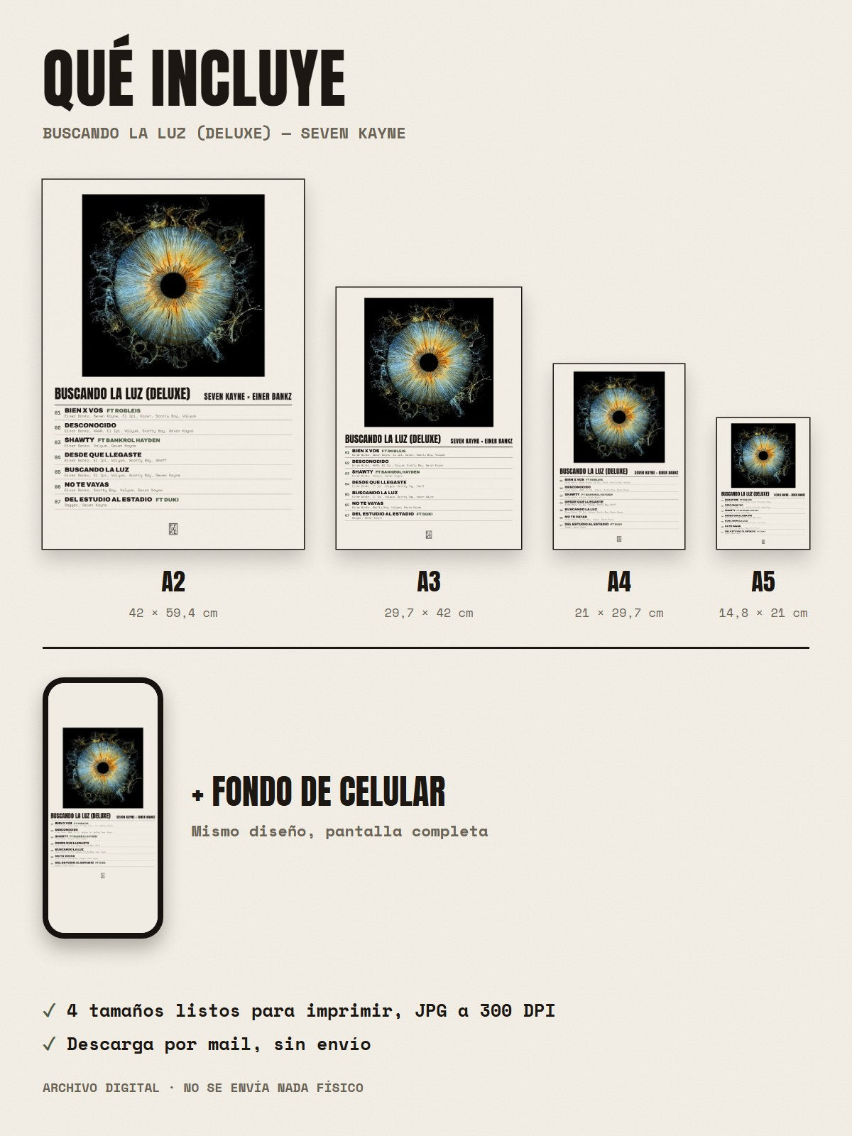 Qué incluye el póster de buscando la luz (deluxe) de Seven Kayne × Einer Bankz: A2, A3, A4, A5 y fondo de celular