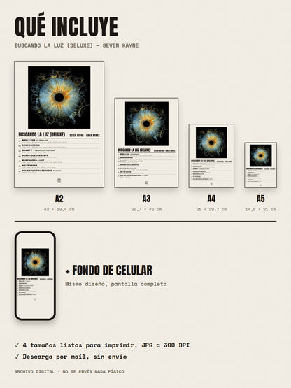 Qué incluye el póster de buscando la luz (deluxe) de Seven Kayne × Einer Bankz: A2, A3, A4, A5 y fondo de celular