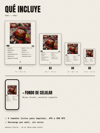 Qué incluye el póster de FRO! de FRO!: A2, A3, A4, A5 y fondo de celular