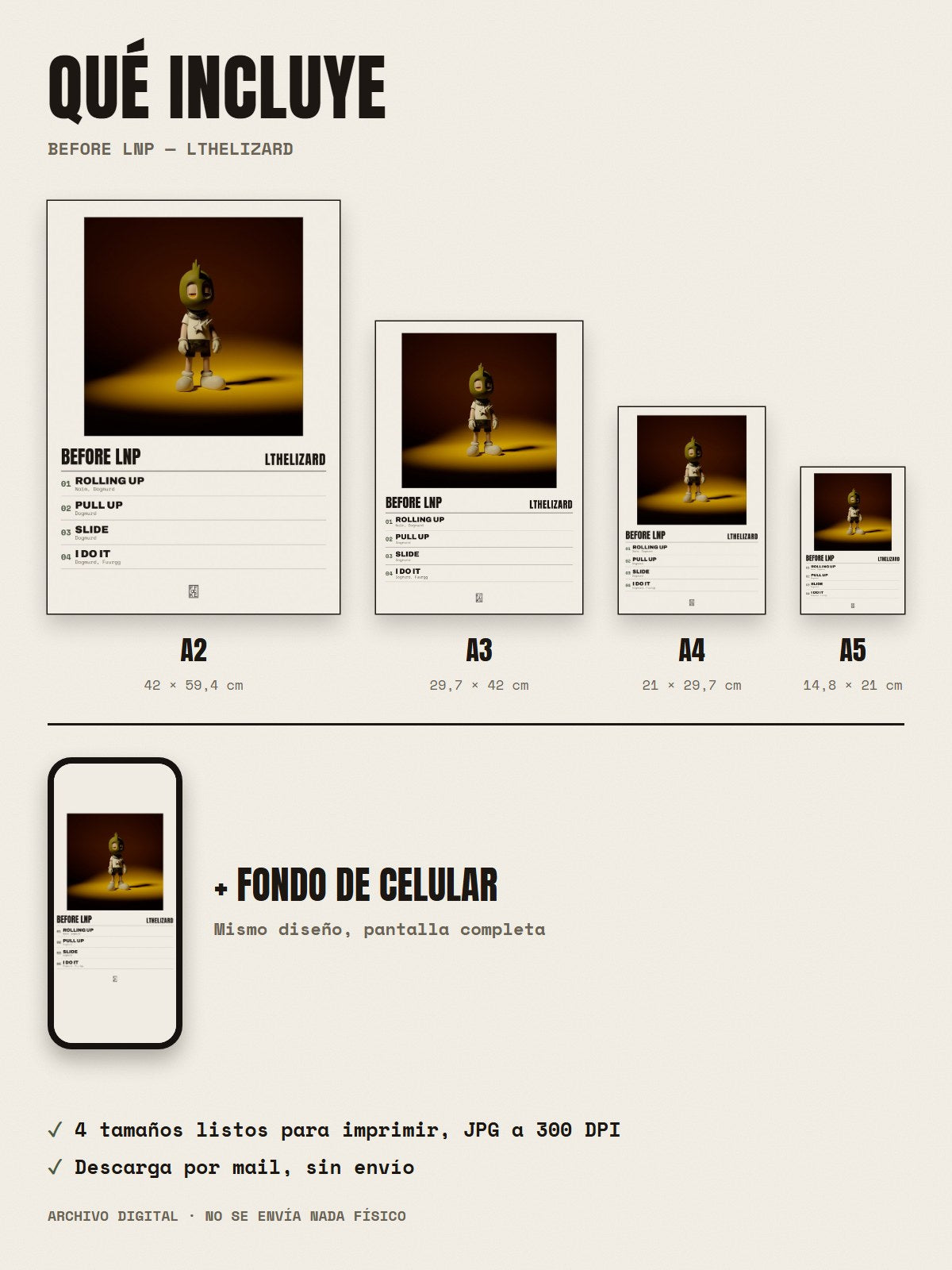 Qué incluye el póster de Before Lnp de Lthelizard: A2, A3, A4, A5 y fondo de celular