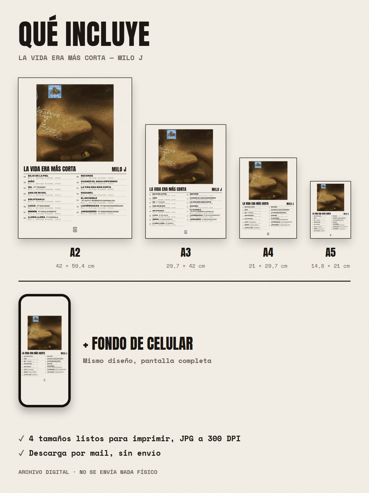 Qué incluye el póster de La Vida Era Más Corta de Milo j: A2, A3, A4, A5 y fondo de celular