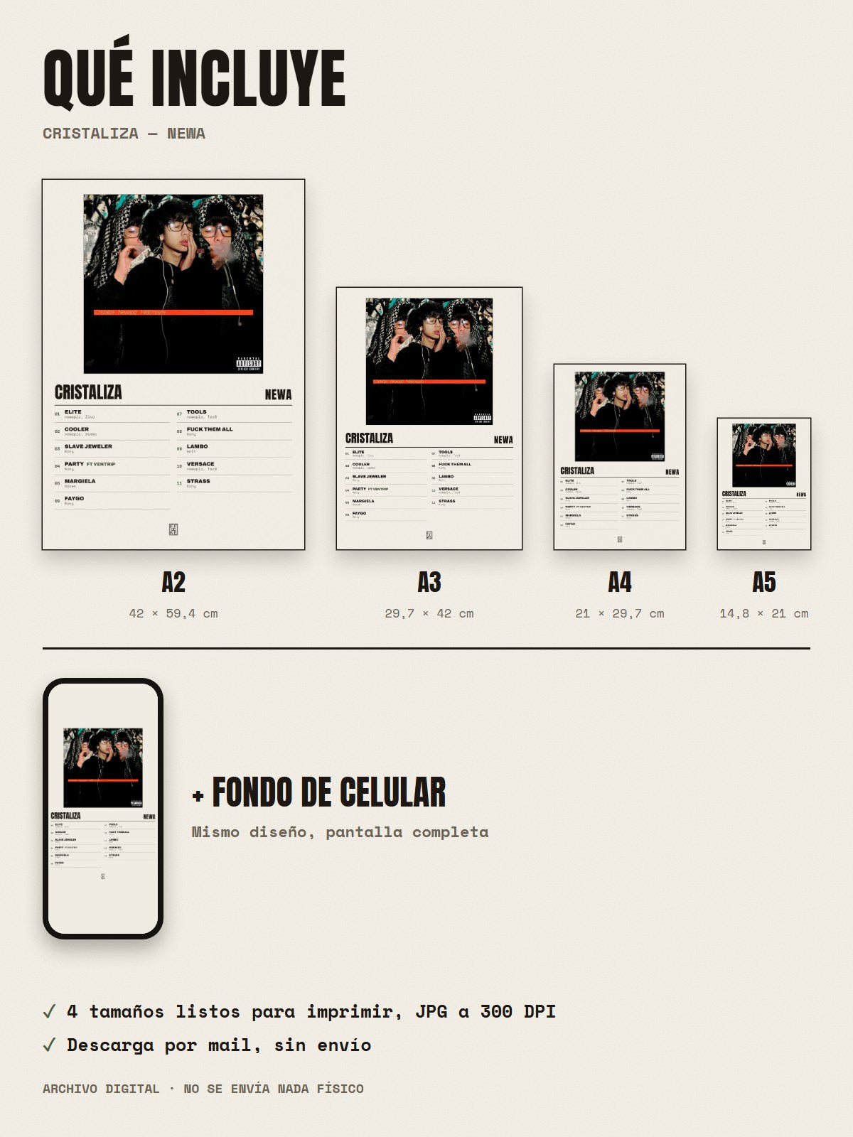 Qué incluye el póster de Cristaliza de NEWA: A2, A3, A4, A5 y fondo de celular