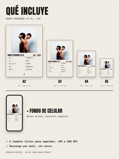 Qué incluye el póster de Nunca Perdimos La Fe de JD7 × Pa2k: A2, A3, A4, A5 y fondo de celular