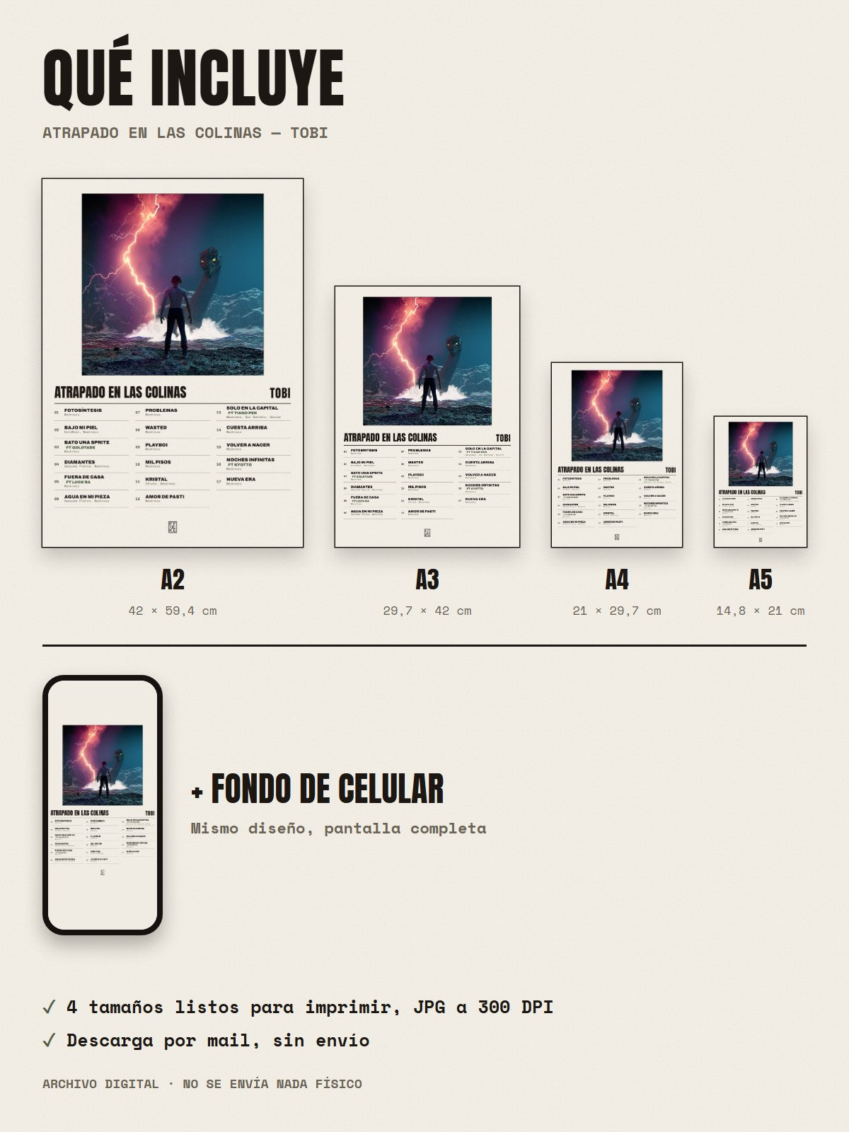 Qué incluye el póster de Atrapado en las Colinas de Tobi: A2, A3, A4, A5 y fondo de celular