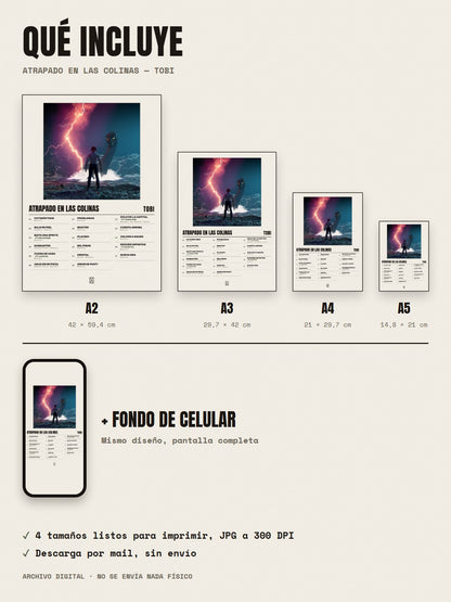 Qué incluye el póster de Atrapado en las Colinas de Tobi: A2, A3, A4, A5 y fondo de celular