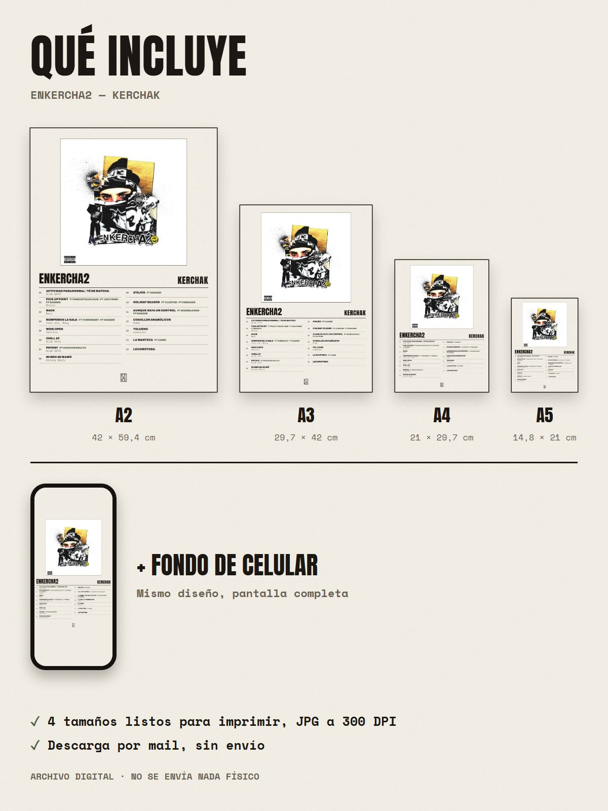 Qué incluye el póster de Enkercha2 de KERCHAK: A2, A3, A4, A5 y fondo de celular