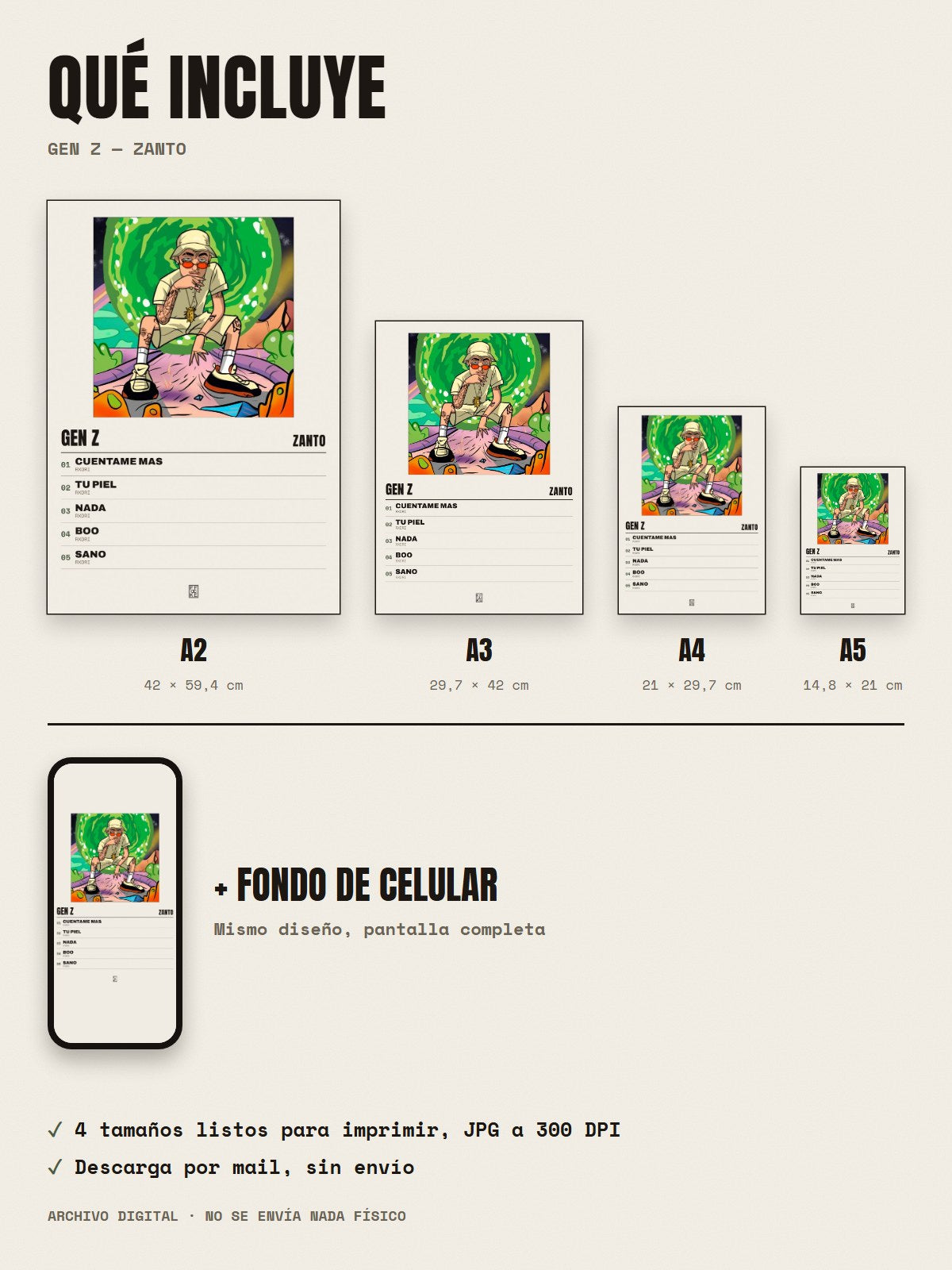 Qué incluye el póster de Gen Z de Zanto: A2, A3, A4, A5 y fondo de celular