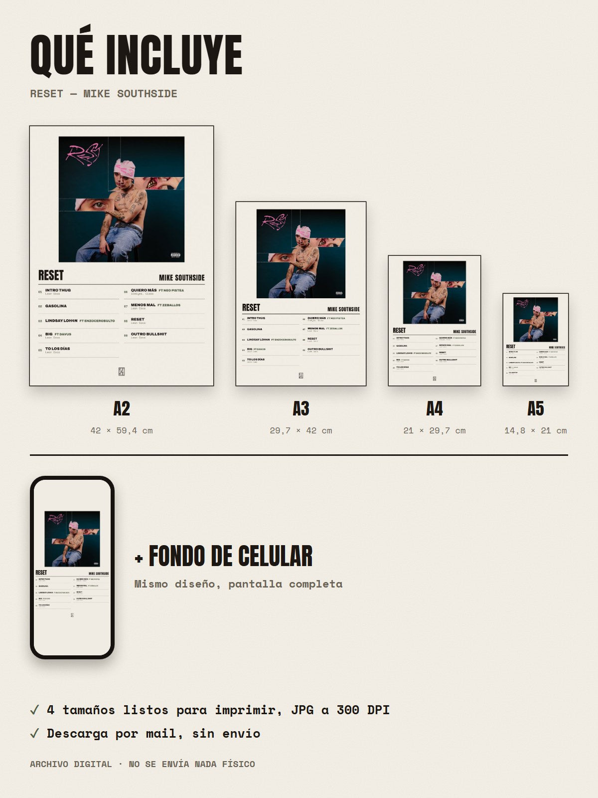 Qué incluye el póster de RESET de Mike Southside: A2, A3, A4, A5 y fondo de celular