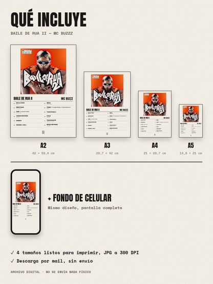 Qué incluye el póster de Baile de Rua II de MC Buzzz: A2, A3, A4, A5 y fondo de celular