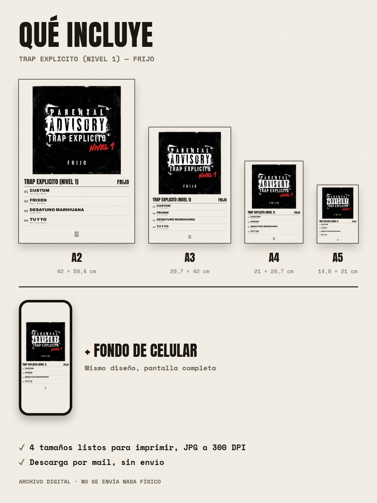 Qué incluye el póster de Trap Explicito (Nivel 1) de Frijo: A2, A3, A4, A5 y fondo de celular
