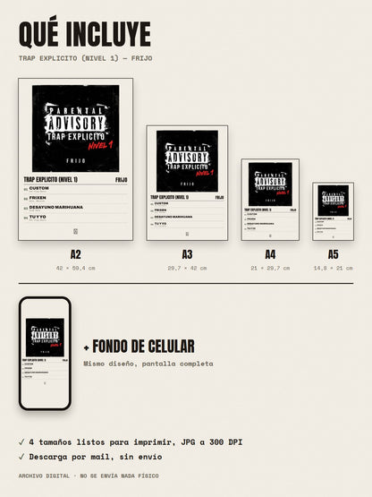 Qué incluye el póster de Trap Explicito (Nivel 1) de Frijo: A2, A3, A4, A5 y fondo de celular