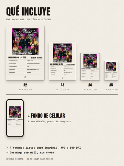 Qué incluye el póster de Una Noche Con Los Tíos de Clúster × KERCHAK: A2, A3, A4, A5 y fondo de celular