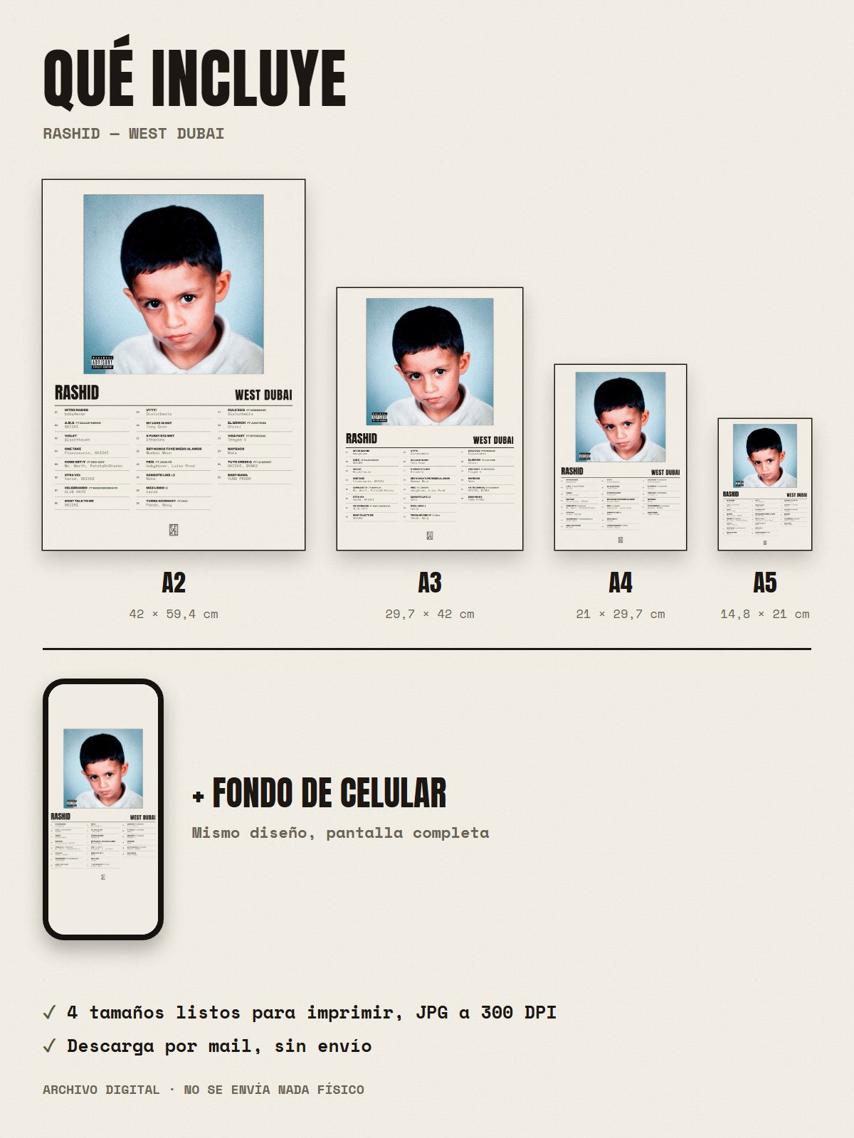 Qué incluye el póster de RASHID de WEST DUBAI: A2, A3, A4, A5 y fondo de celular