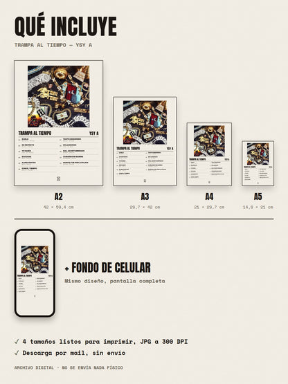 Qué incluye el póster de TRAMPA AL TIEMPO de YSY A: A2, A3, A4, A5 y fondo de celular