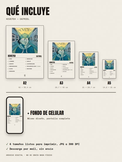 Qué incluye el póster de xCVE7Ex de CA7RIEL: A2, A3, A4, A5 y fondo de celular