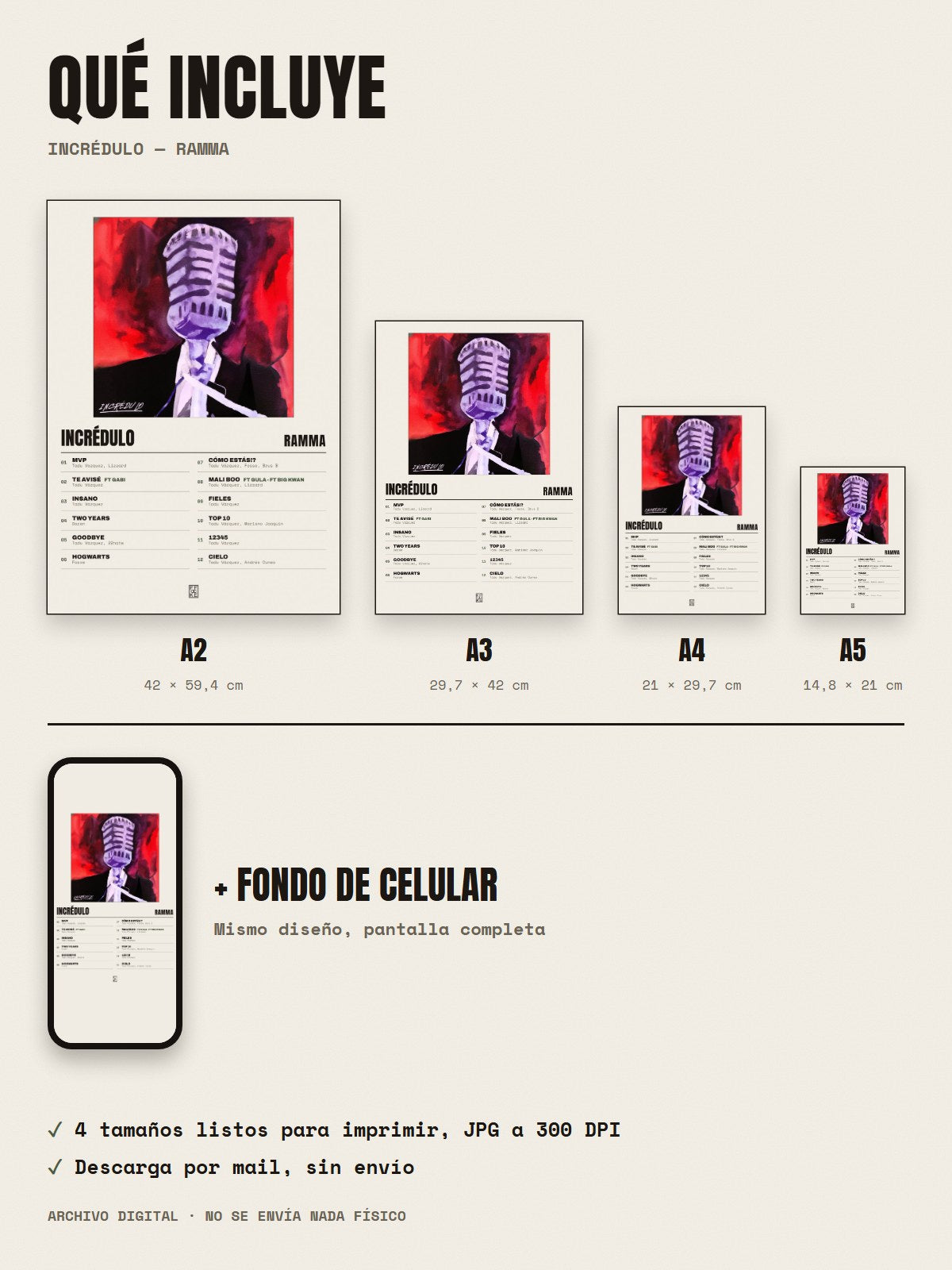 Qué incluye el póster de Incrédulo de Ramma: A2, A3, A4, A5 y fondo de celular