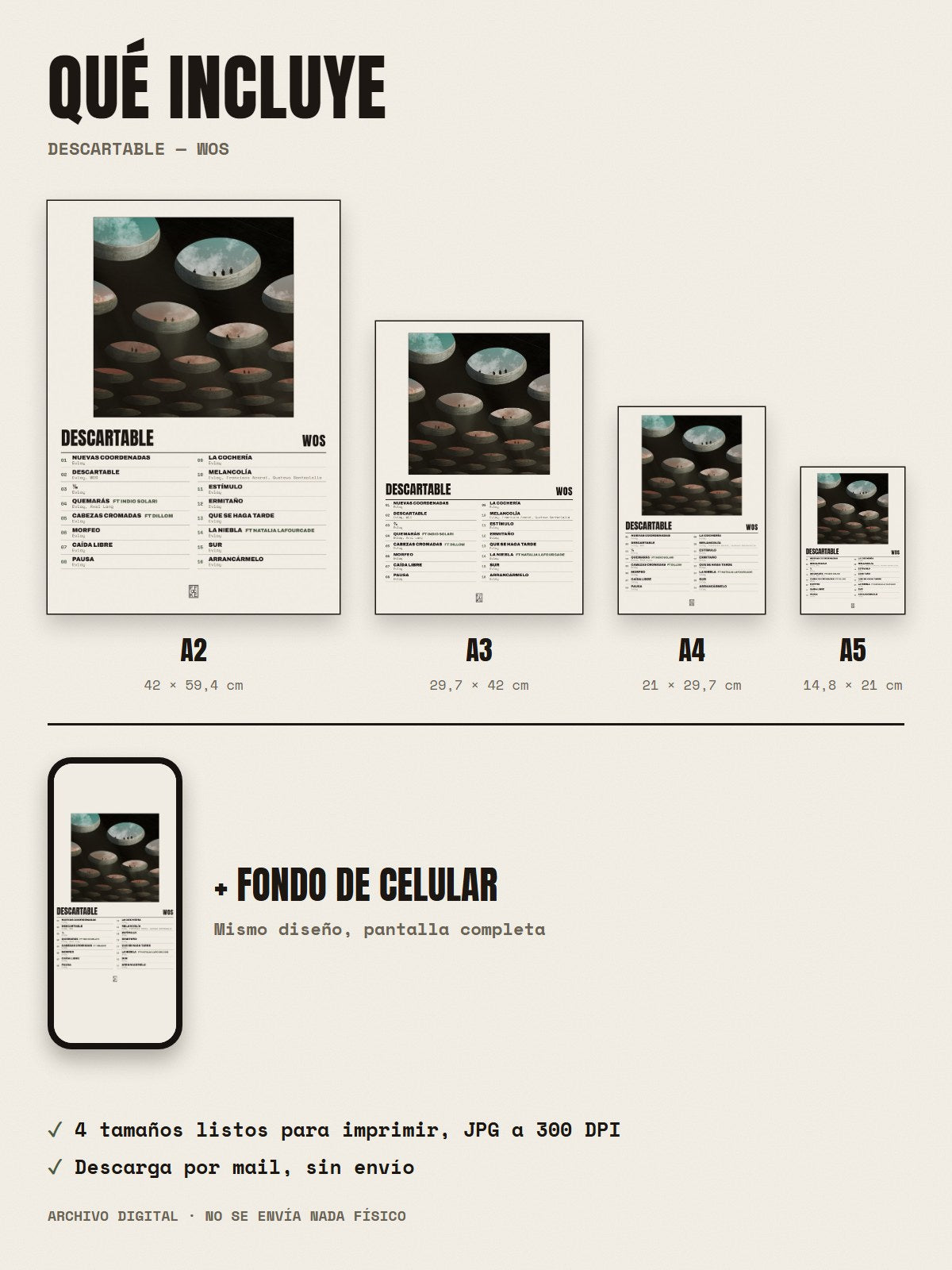 Qué incluye el póster de DESCARTABLE de WOS: A2, A3, A4, A5 y fondo de celular