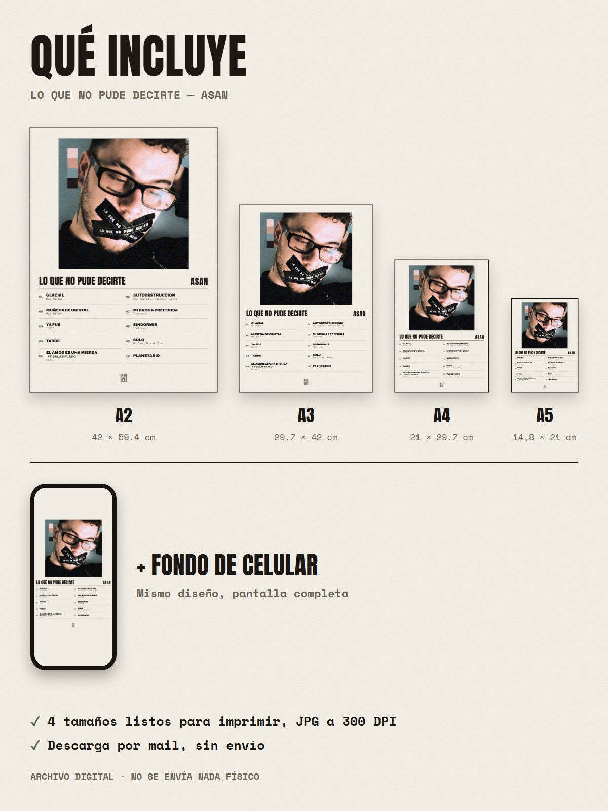Qué incluye el póster de lo que no pude decirte de Asan: A2, A3, A4, A5 y fondo de celular