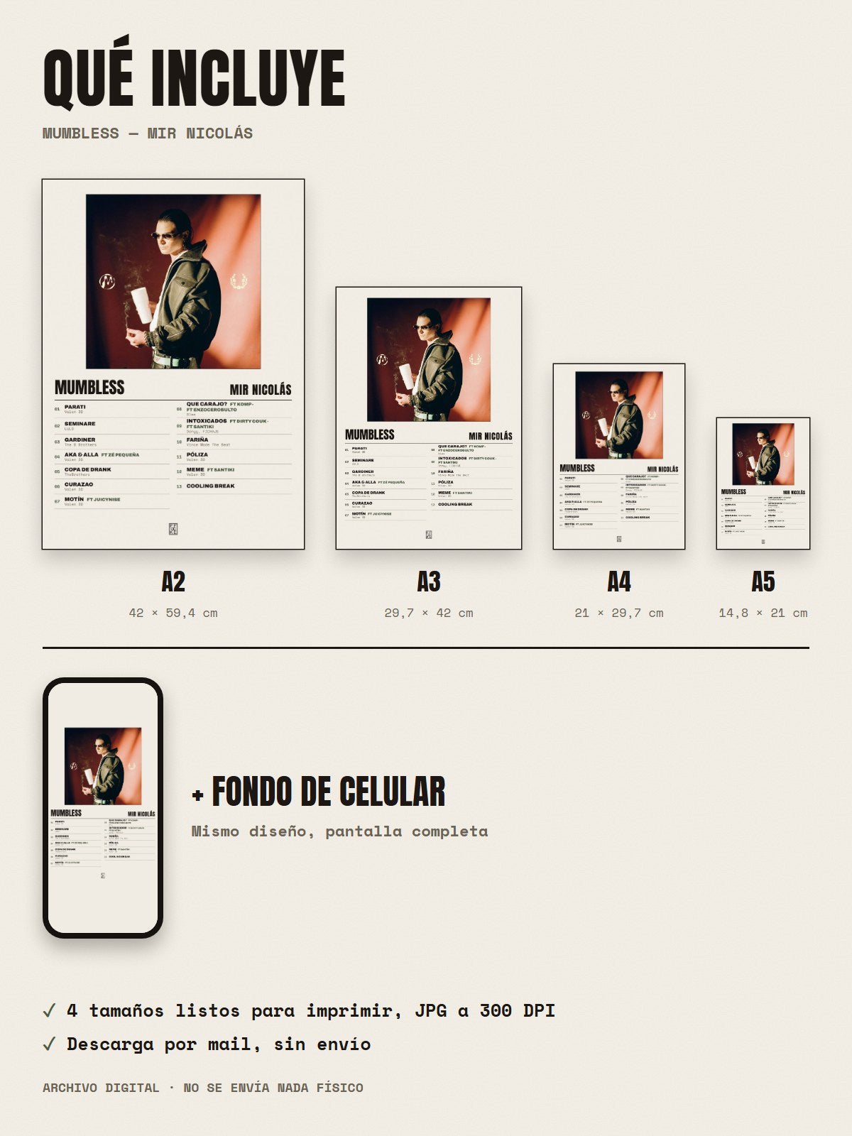 Qué incluye el póster de MUMBLESS de Mir Nicolás: A2, A3, A4, A5 y fondo de celular