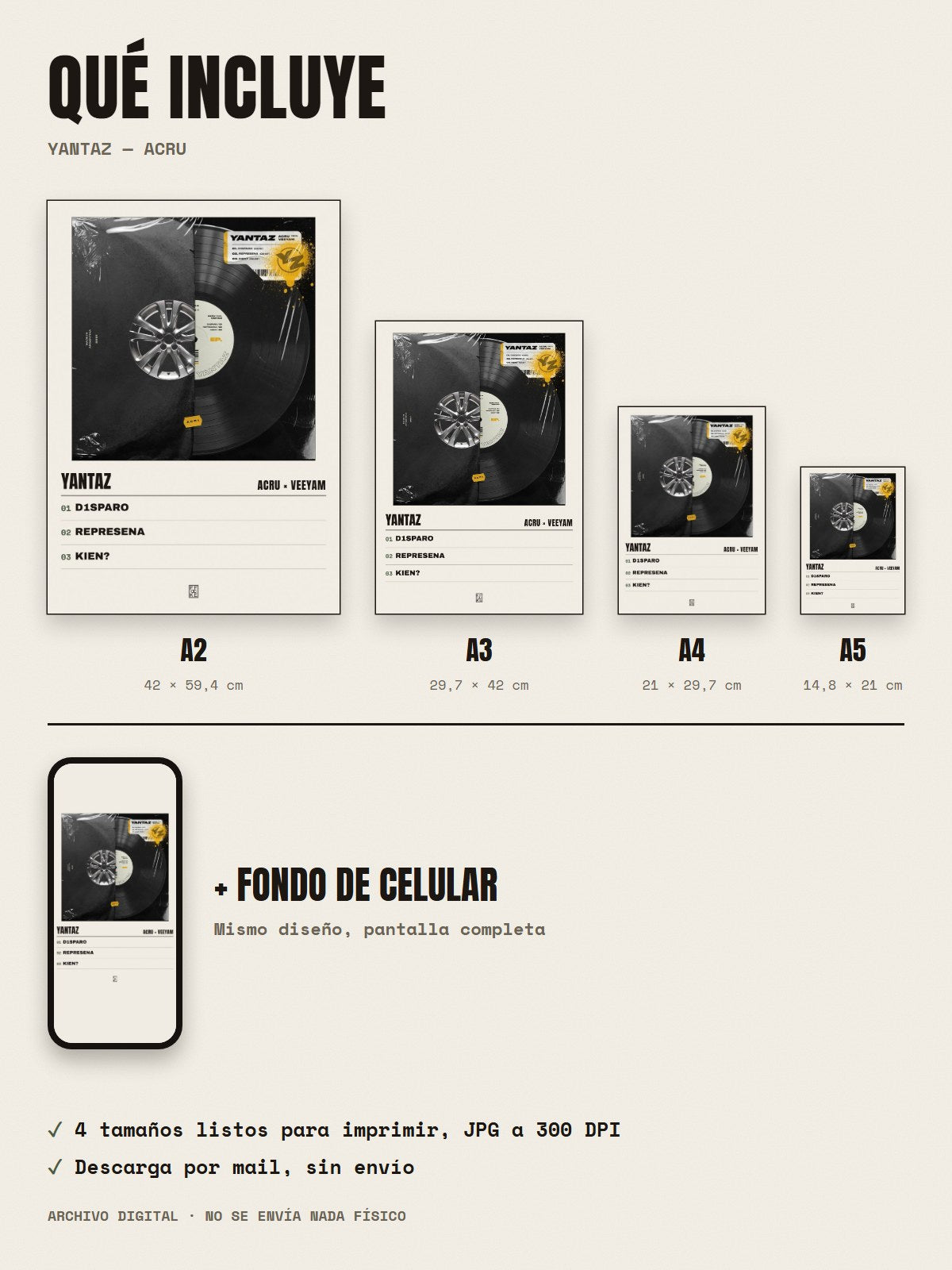 Qué incluye el póster de YANTAZ de ACRU × Veeyam: A2, A3, A4, A5 y fondo de celular