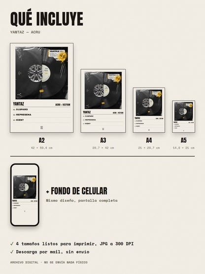 Qué incluye el póster de YANTAZ de ACRU × Veeyam: A2, A3, A4, A5 y fondo de celular