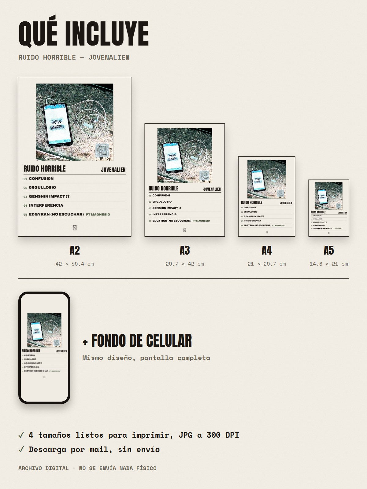 Qué incluye el póster de Ruido Horrible de jovenalien: A2, A3, A4, A5 y fondo de celular
