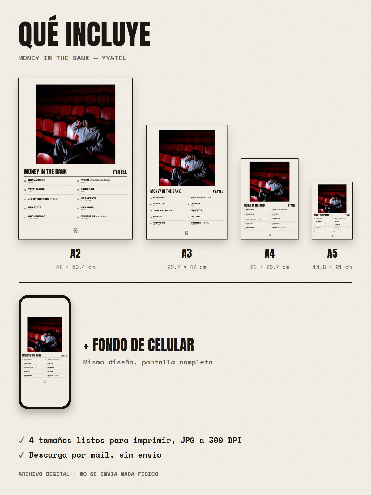 Qué incluye el póster de Money in the Bank de yyatel: A2, A3, A4, A5 y fondo de celular