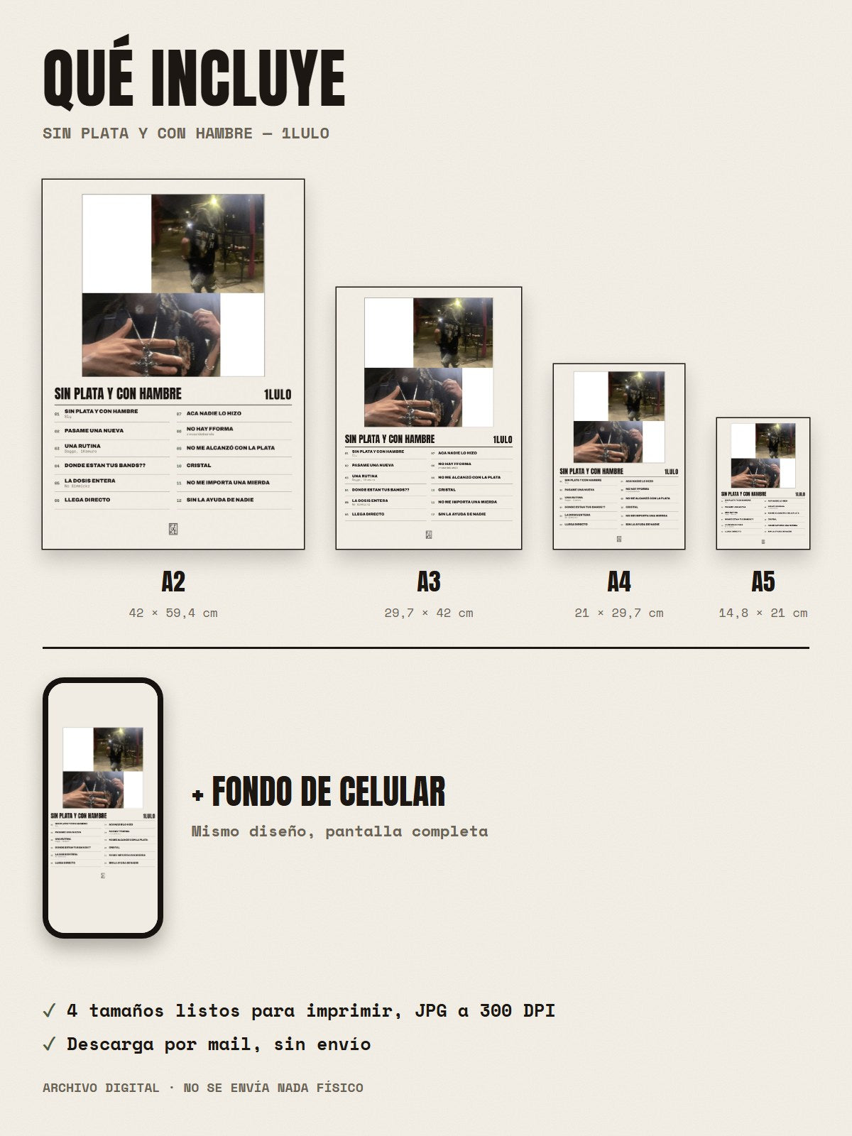 Qué incluye el póster de SIN PLATA Y CON HAMBRE de 1lulo: A2, A3, A4, A5 y fondo de celular