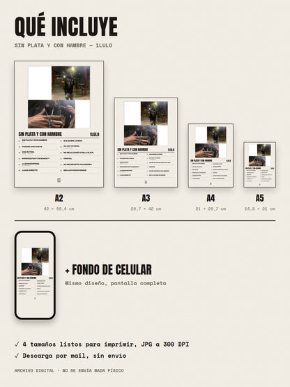 Qué incluye el póster de SIN PLATA Y CON HAMBRE de 1lulo: A2, A3, A4, A5 y fondo de celular