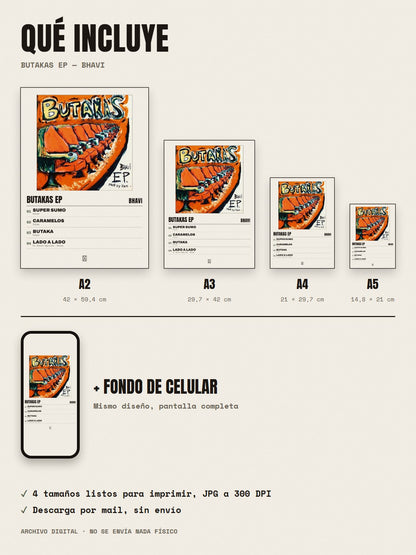 Qué incluye el póster de BUTAKAS EP de Bhavi: A2, A3, A4, A5 y fondo de celular