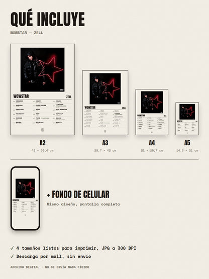 Qué incluye el póster de WOWSTAR de Zell: A2, A3, A4, A5 y fondo de celular