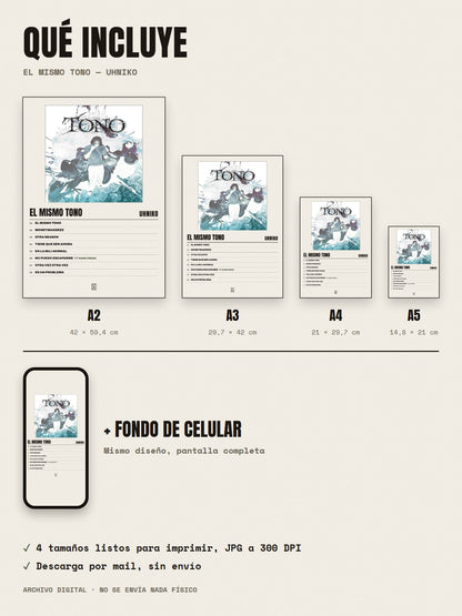 Qué incluye el póster de El mismo tono de Uhniko: A2, A3, A4, A5 y fondo de celular