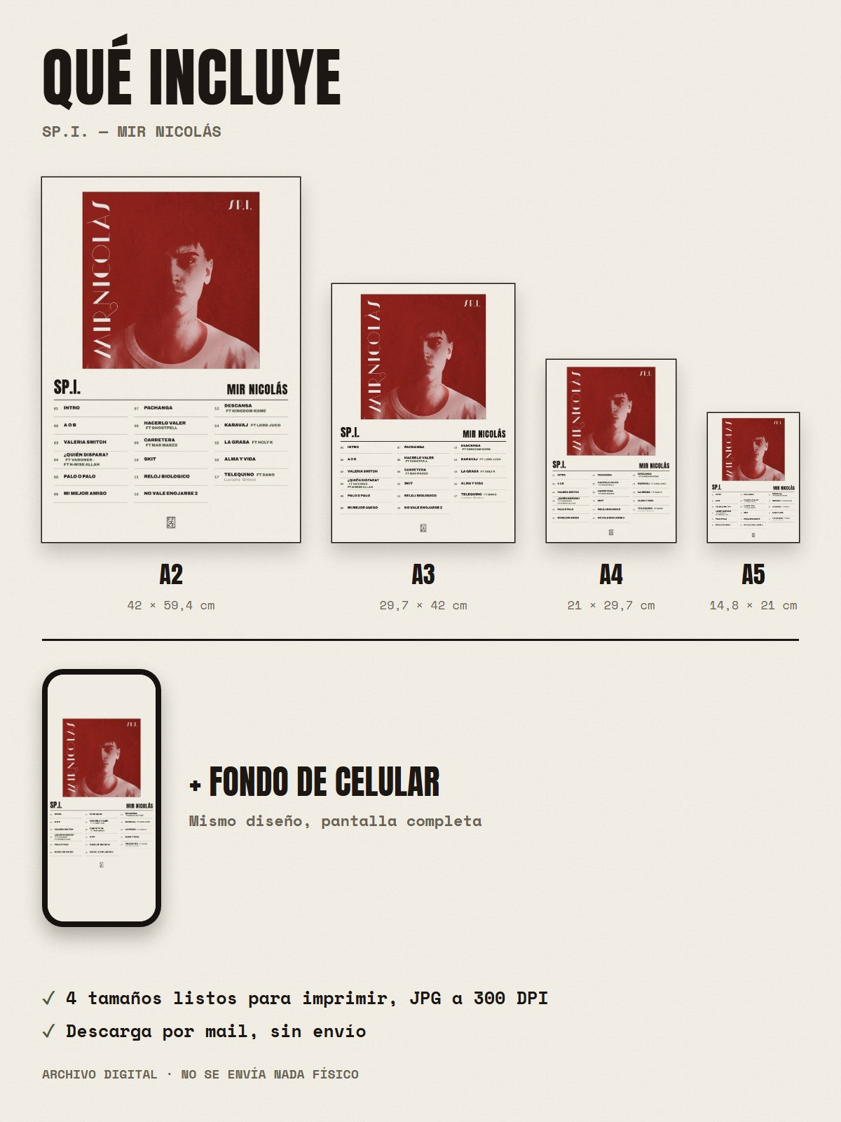 Qué incluye el póster de SP.I. de Mir Nicolás: A2, A3, A4, A5 y fondo de celular