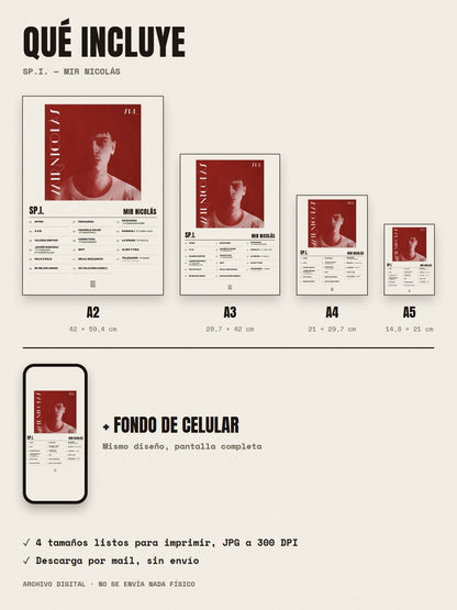 Qué incluye el póster de SP.I. de Mir Nicolás: A2, A3, A4, A5 y fondo de celular