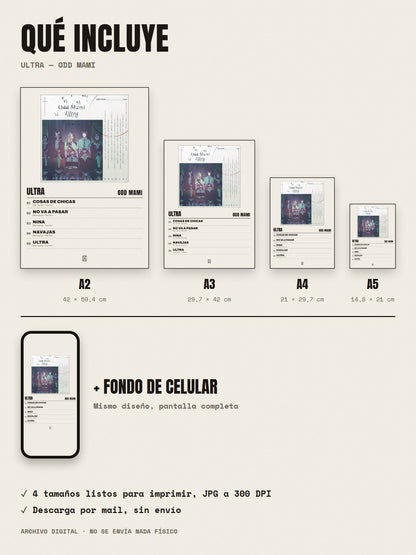 Qué incluye el póster de Ultra de ODD MAMI: A2, A3, A4, A5 y fondo de celular