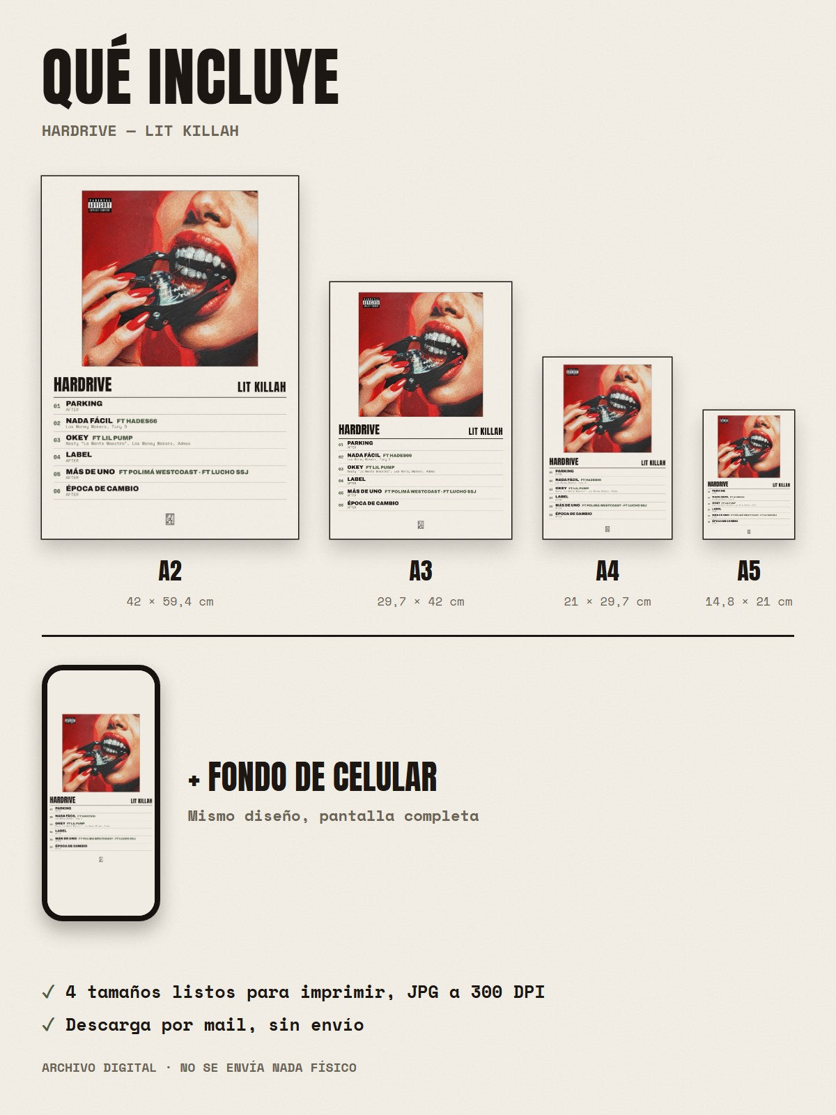 Qué incluye el póster de HARDRIVE de LIT killah: A2, A3, A4, A5 y fondo de celular