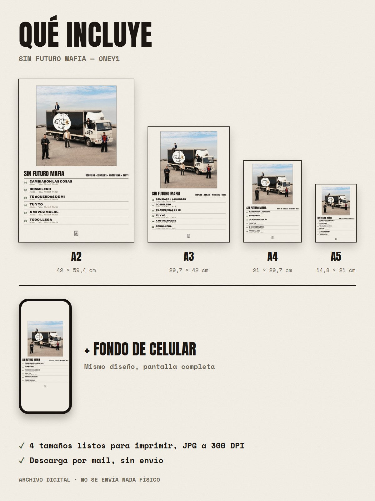 Qué incluye el póster de Sin Futuro Mafia de Ronpe 99 × Zeballos × mhtresuno × Oney1: A2, A3, A4, A5 y fondo de celular
