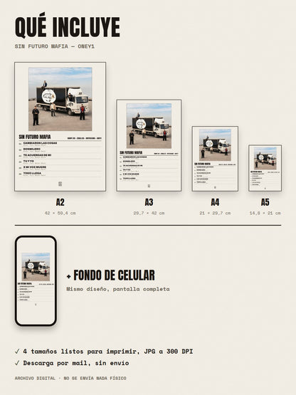 Qué incluye el póster de Sin Futuro Mafia de Ronpe 99 × Zeballos × mhtresuno × Oney1: A2, A3, A4, A5 y fondo de celular