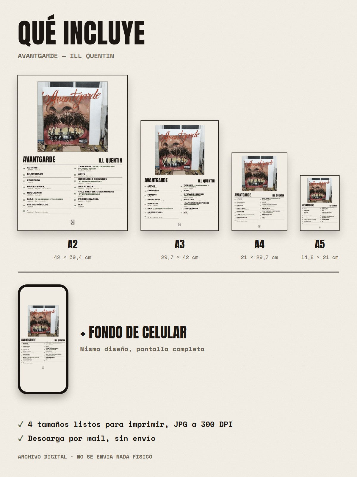 Qué incluye el póster de Avantgarde de ill quentin: A2, A3, A4, A5 y fondo de celular