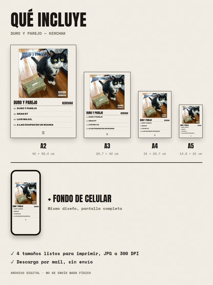 Qué incluye el póster de Duro y Parejo de KERCHAK: A2, A3, A4, A5 y fondo de celular