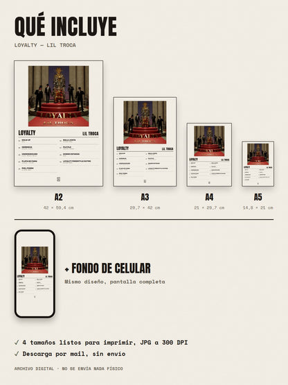 Qué incluye el póster de Loyalty de Lil Troca: A2, A3, A4, A5 y fondo de celular