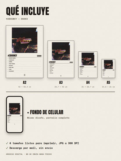 Qué incluye el póster de #2Bouncy de Shako: A2, A3, A4, A5 y fondo de celular