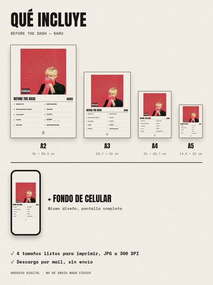 Qué incluye el póster de BEFORE THE DASH de 6aru: A2, A3, A4, A5 y fondo de celular