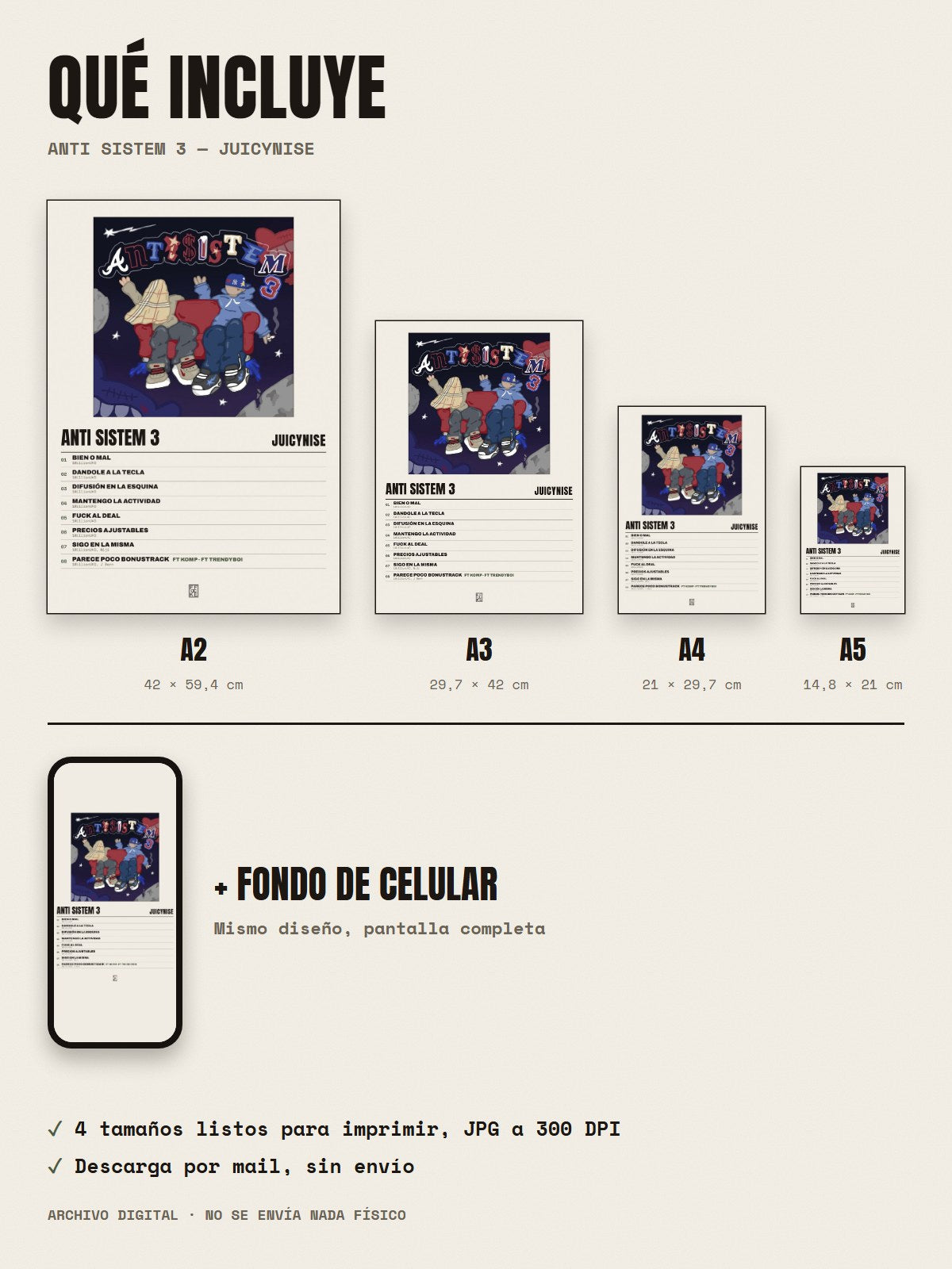 Qué incluye el póster de Anti Sistem 3 de JuicyNise: A2, A3, A4, A5 y fondo de celular