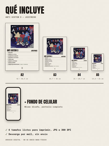 Qué incluye el póster de Anti Sistem 3 de JuicyNise: A2, A3, A4, A5 y fondo de celular