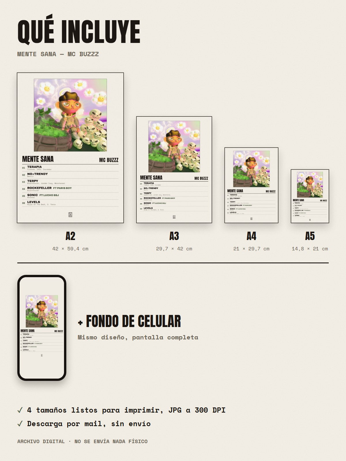 Qué incluye el póster de MENTE SANA de MC Buzzz: A2, A3, A4, A5 y fondo de celular