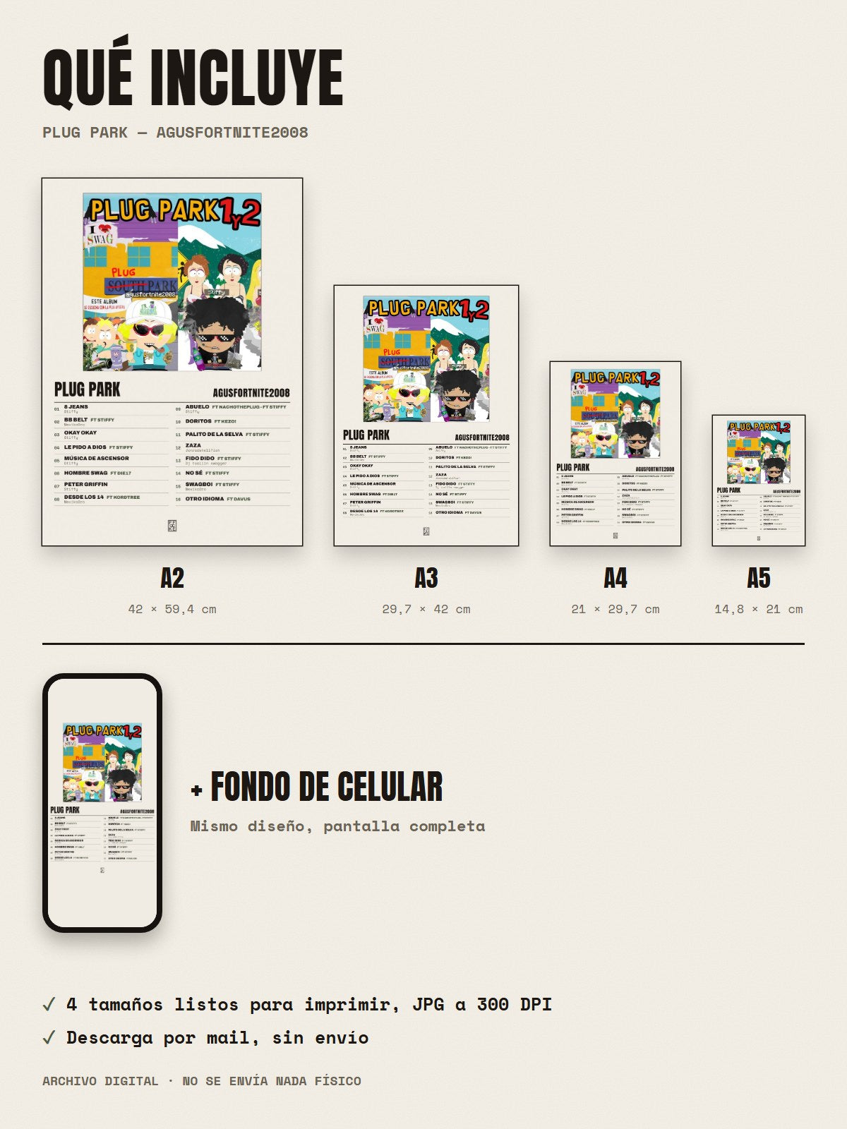 Qué incluye el póster de PLUG PARK de AgusFortnite2008: A2, A3, A4, A5 y fondo de celular