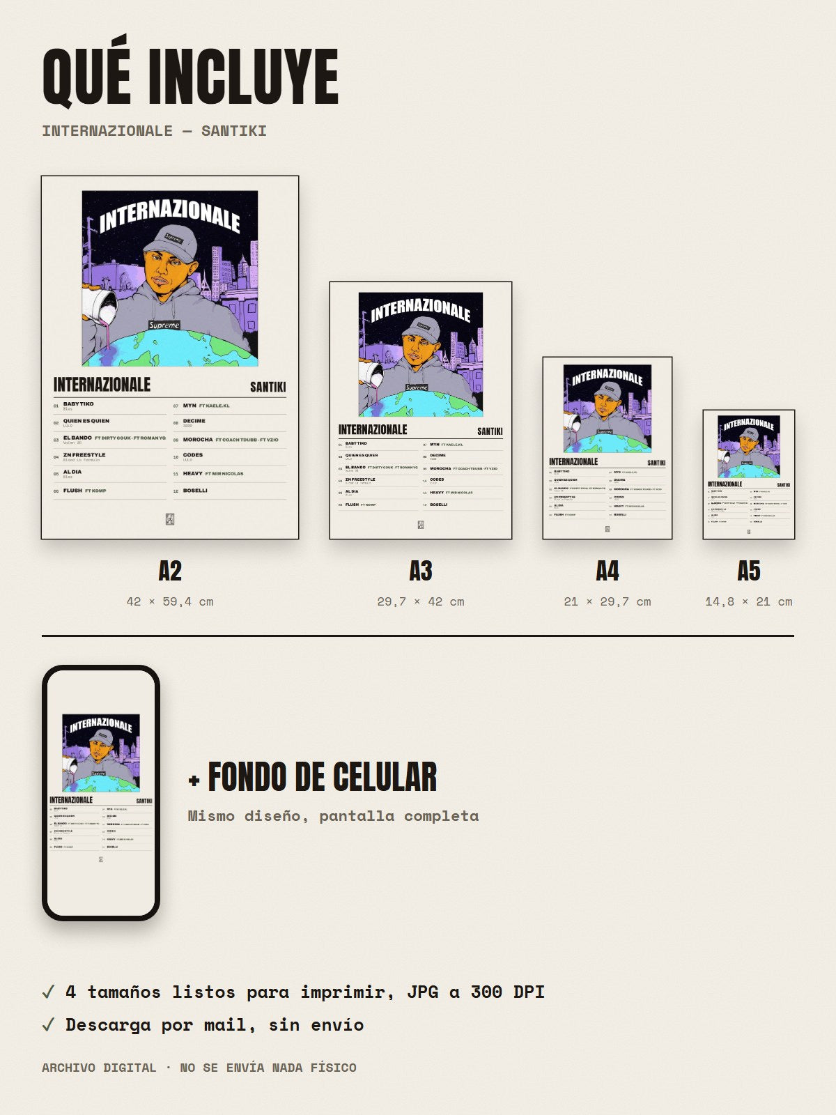 Qué incluye el póster de Internazionale de Santiki: A2, A3, A4, A5 y fondo de celular